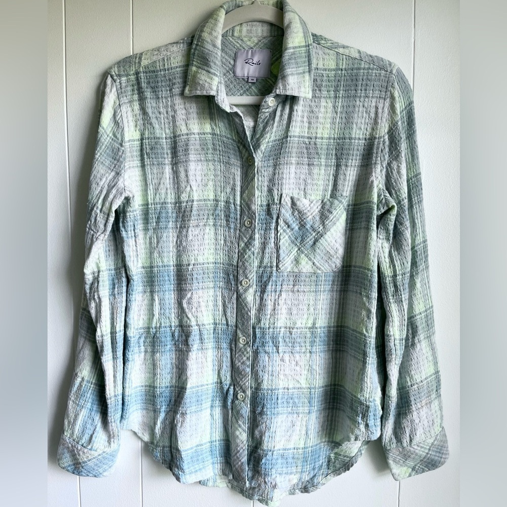 Rails Brady Long Sleeve Button Up Plaid Shirt in Sage Green Yellow Lemon Size XS - Picture 2 of 10